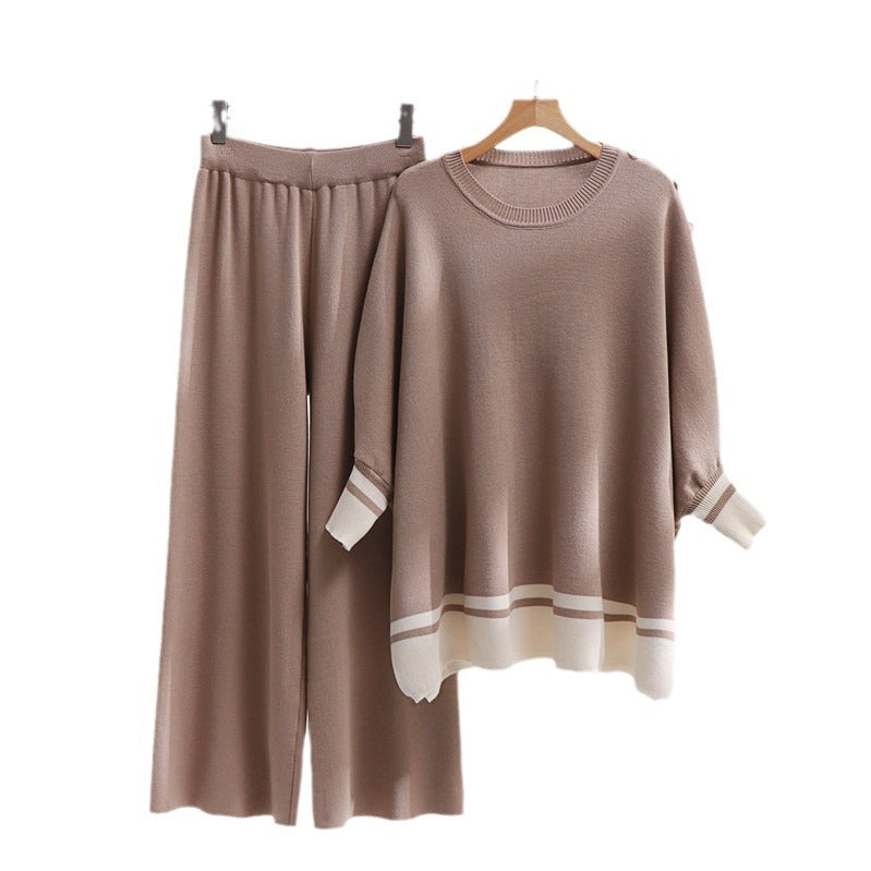 Women's Casual Knit Loungewear Set with Contrast Hem and Wide Cut