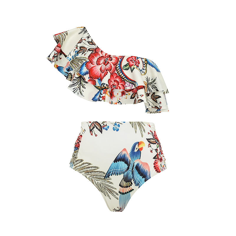 Women's Floral Ruffle Swimsuit Set with High-Waisted Shorts