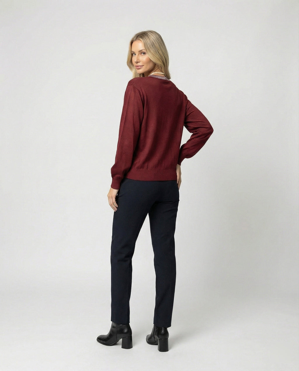 Women's Fine Knit Round Neck Blouse with Satin Sleeves and Pearl Decor
