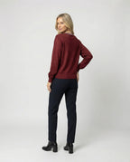 Women's Fine Knit Round Neck Blouse with Satin Sleeves and Pearl Decor