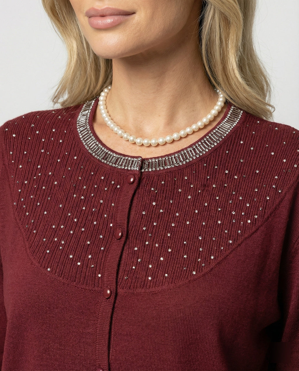 Women's Fine Knit Round Neck Blouse with Satin Sleeves and Pearl Decor