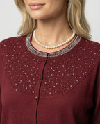 Women's Fine Knit Round Neck Blouse with Satin Sleeves and Pearl Decor
