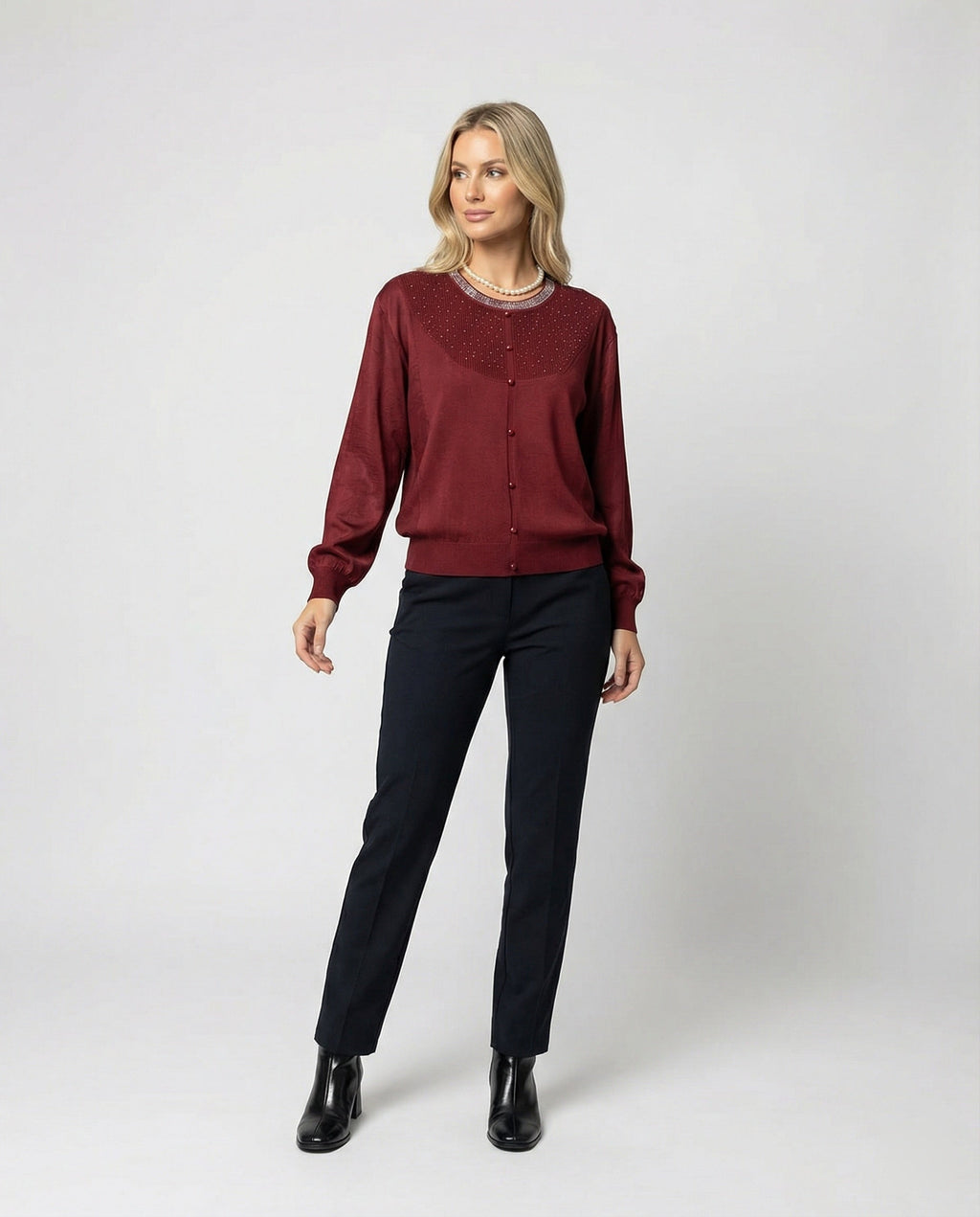 Women's Fine Knit Round Neck Blouse with Satin Sleeves and Pearl Decor