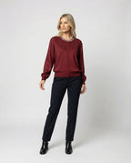 Women's Fine Knit Round Neck Blouse with Satin Sleeves and Pearl Decor