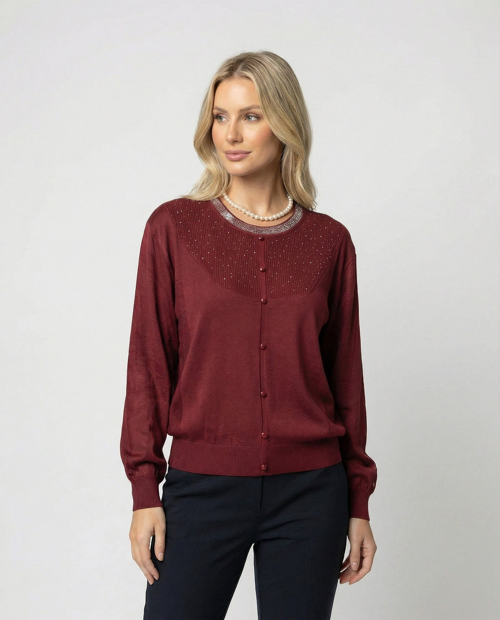Women's Fine Knit Round Neck Blouse with Satin Sleeves and Pearl Decor
