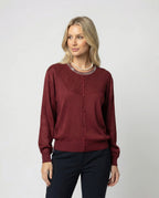 Women's Fine Knit Round Neck Blouse with Satin Sleeves and Pearl Decor