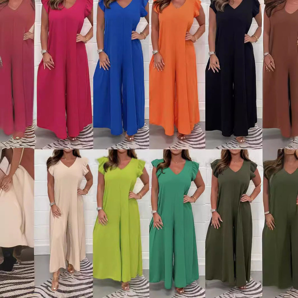 Women's Casual Jumpsuit with Flowing Cut and V-Neck