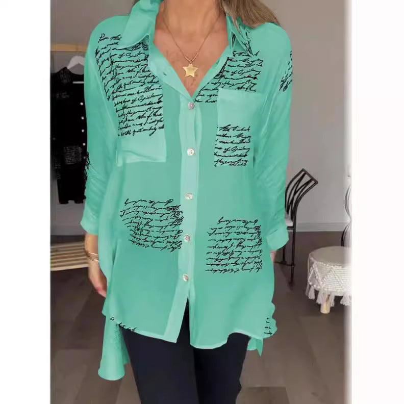 Women's Blouse with Modern Script Design and Loose Fit