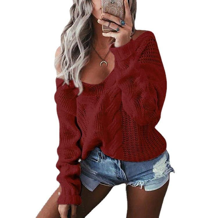 Women's Chunky Knit Sweater with Open Shoulder and Cable Pattern