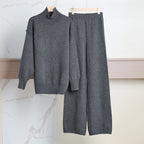 Women's Cozy Knit Ensemble with High Collar and Wide-Leg Pants
