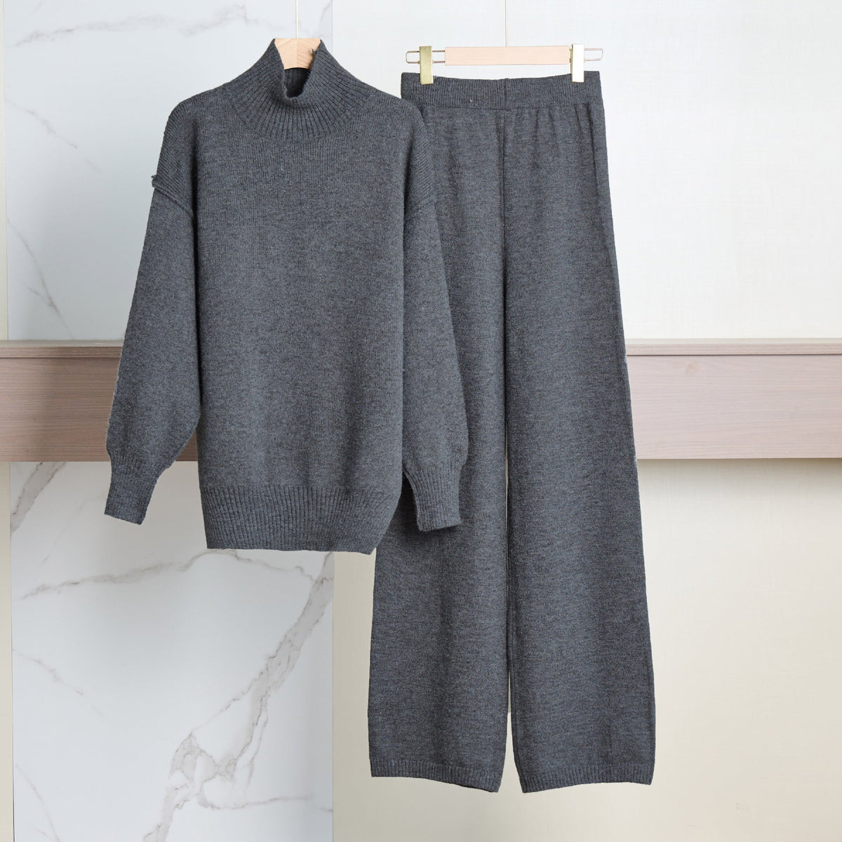 Women's Cozy Knit Ensemble with High Collar and Wide-Leg Pants