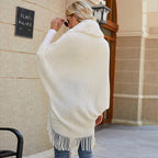 Women's Luxurious Knit Poncho with Faux Fur Collar and Fringe