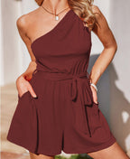 Women's One-Shoulder Jumpsuit with Belt and Pockets