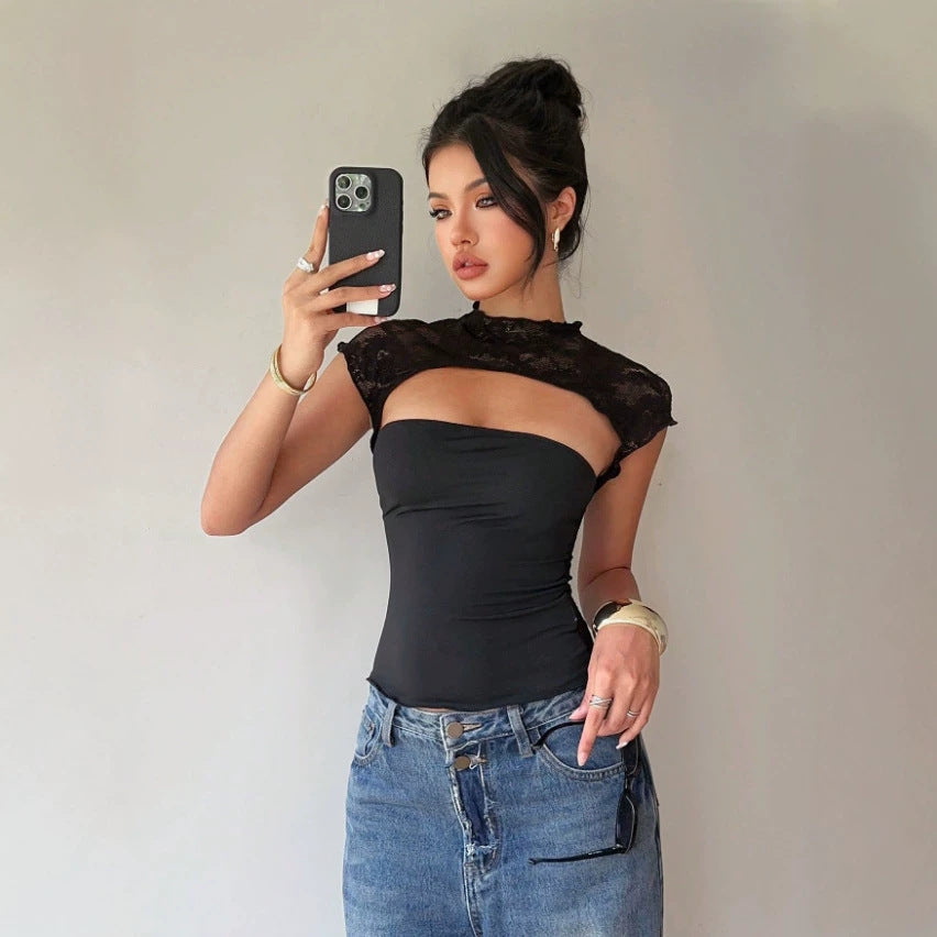 Women's Bodysuit with Lace Collar and Fitted Cut