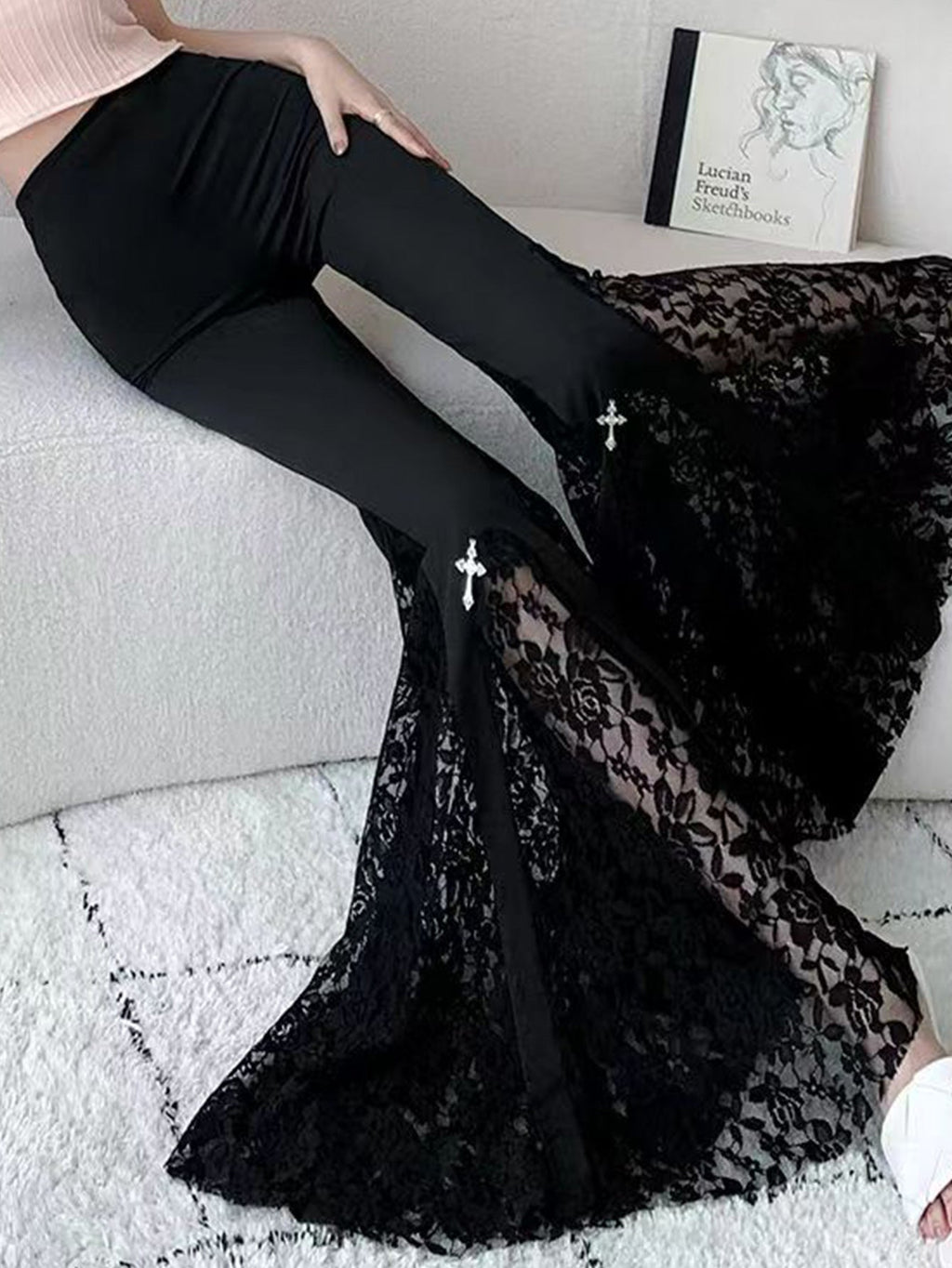 Women's Elegant Flared Pants with Lace Appliqués