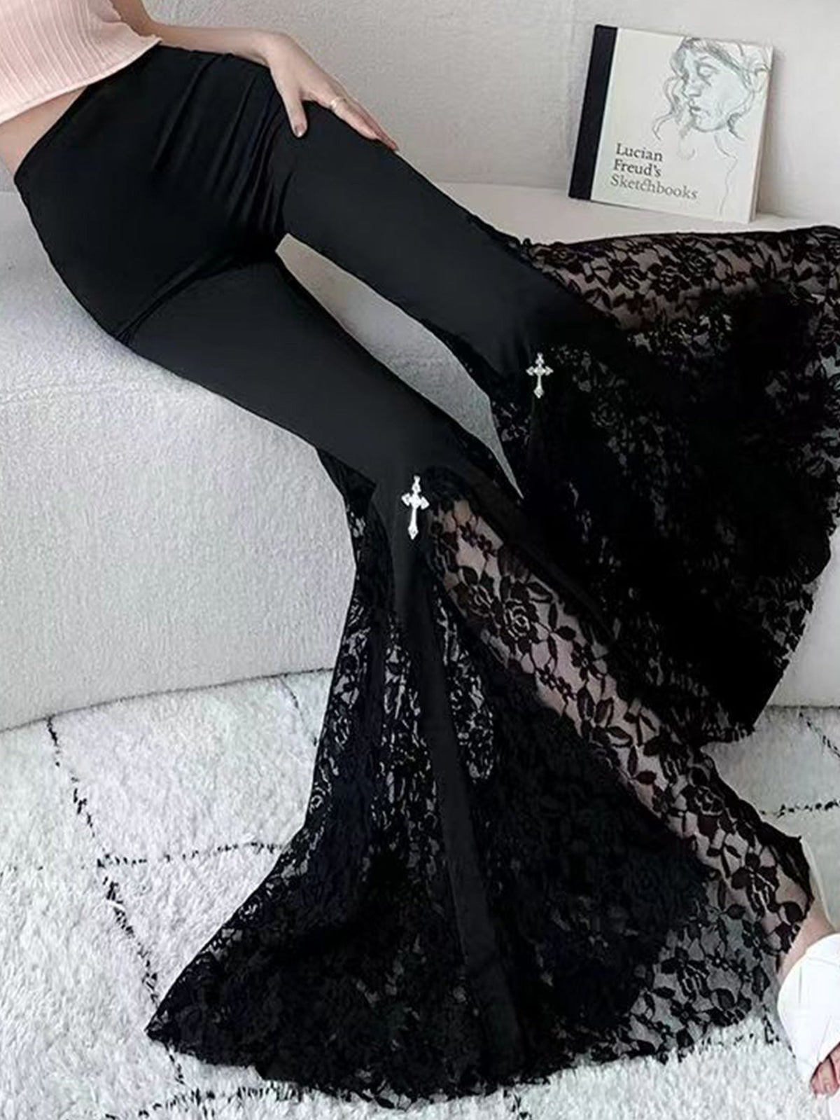 Women's Elegant Flared Pants with Lace Appliqués