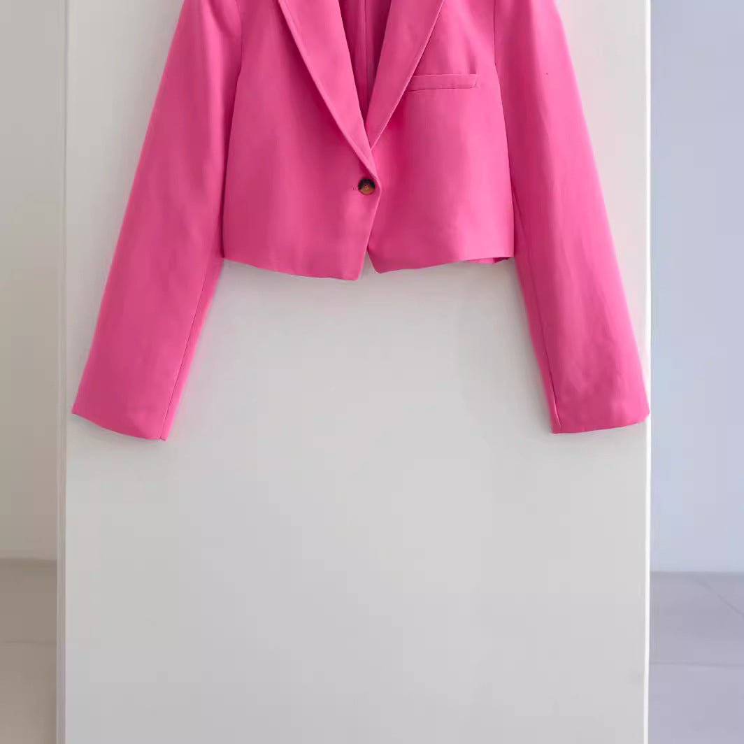 Women's Cropped Blazer Jacket with Elegant Lapel and Pockets