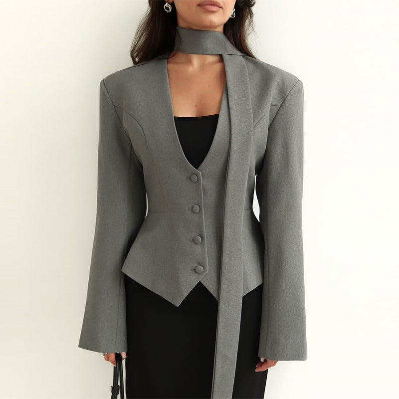 Women's Blazer with High Neck and Voluminous Sleeves