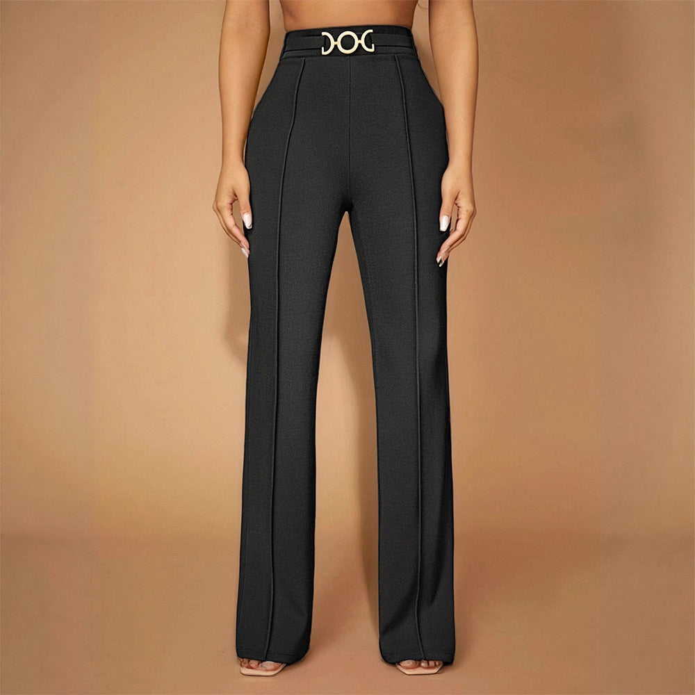 Women's Elegant High-Waisted Fabric Pants with Diagonal Seams and Decorative Belt