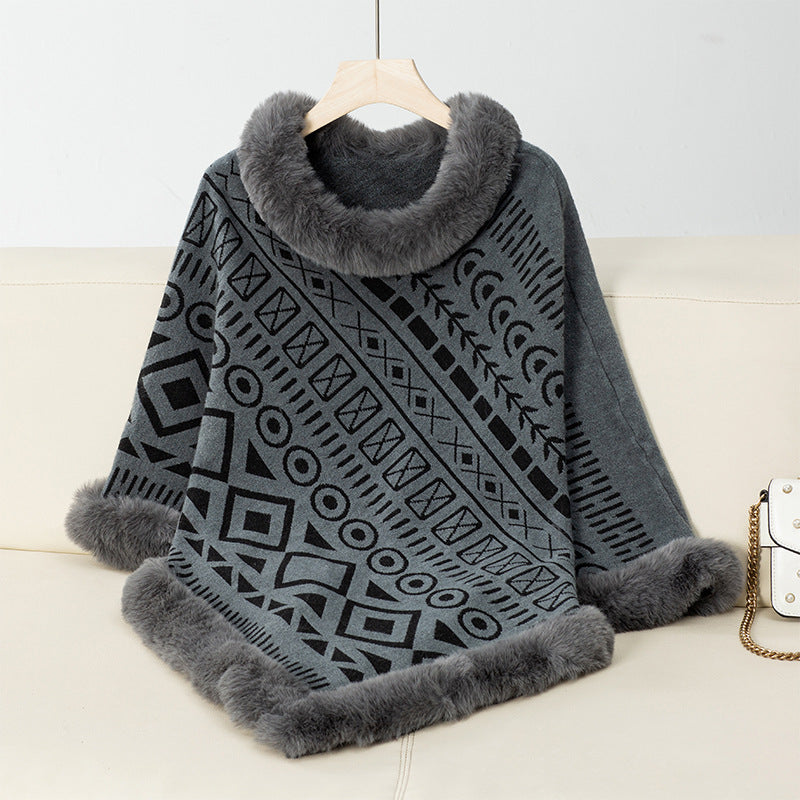 Women's Fashionable Poncho with Decorative Faux Fur Collar