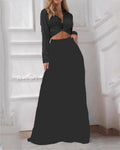 Women's Elegant Long-Sleeve Wrap Top and Maxi Skirt