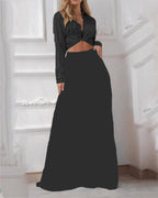 Women's Elegant Long-Sleeve Wrap Top and Maxi Skirt