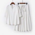 Women's Casual Linen-Viscose Lounge Set with Stand Collar Top and Wide Palazzo Pants
