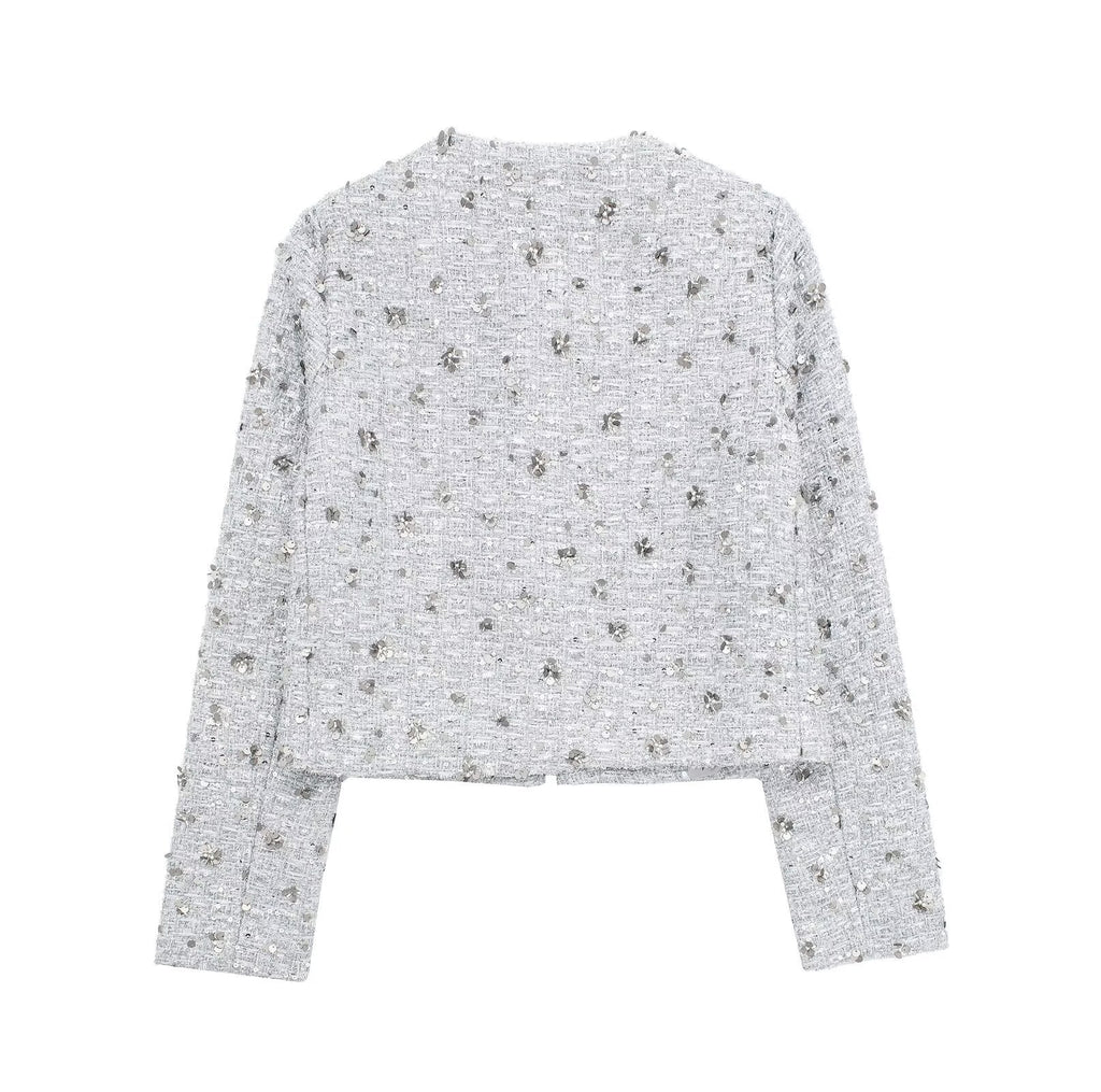 Elegant Tweed Jacket with Sparkling Sequins and Structured Design
