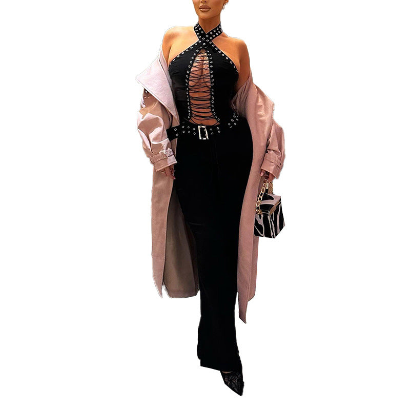Women's Form-Fitting Jumpsuit with Refined Lace-Up Design