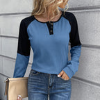 Women's Casual Waffle-Knit Henley Shirt with Contrast Sleeves