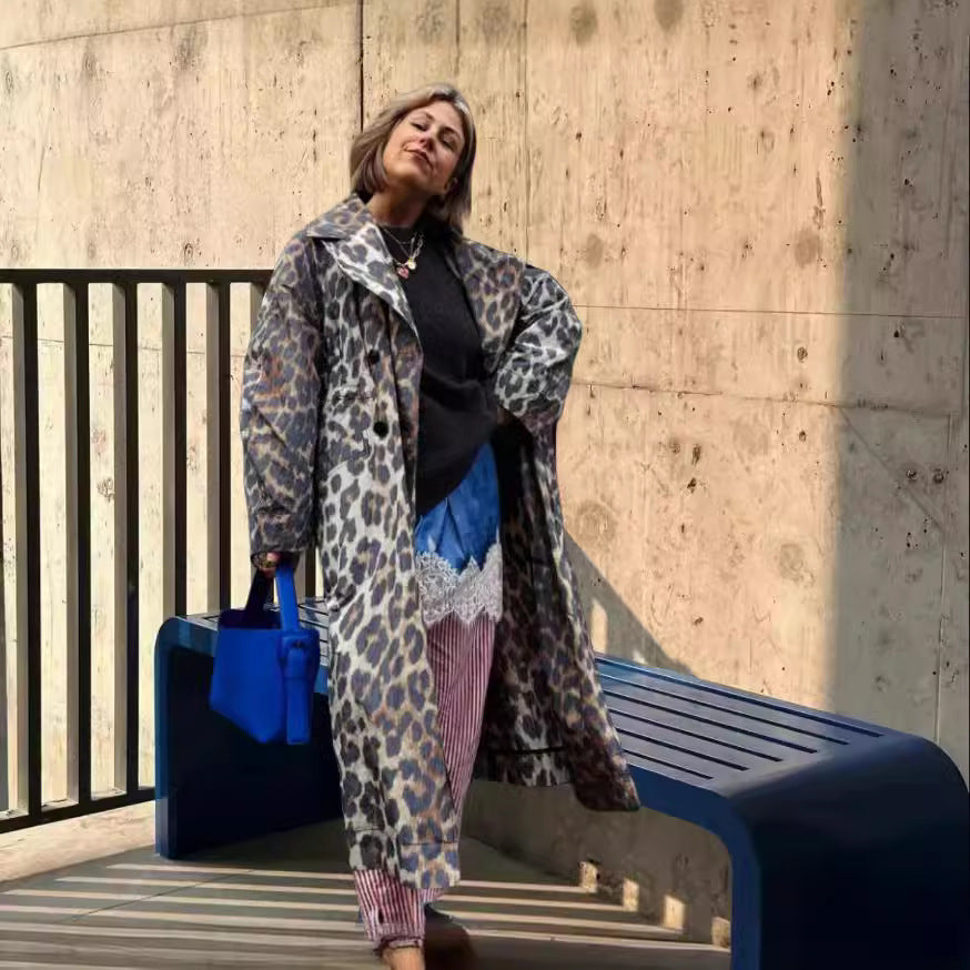 Women's Fashionable Leopard Print Trench Jacket