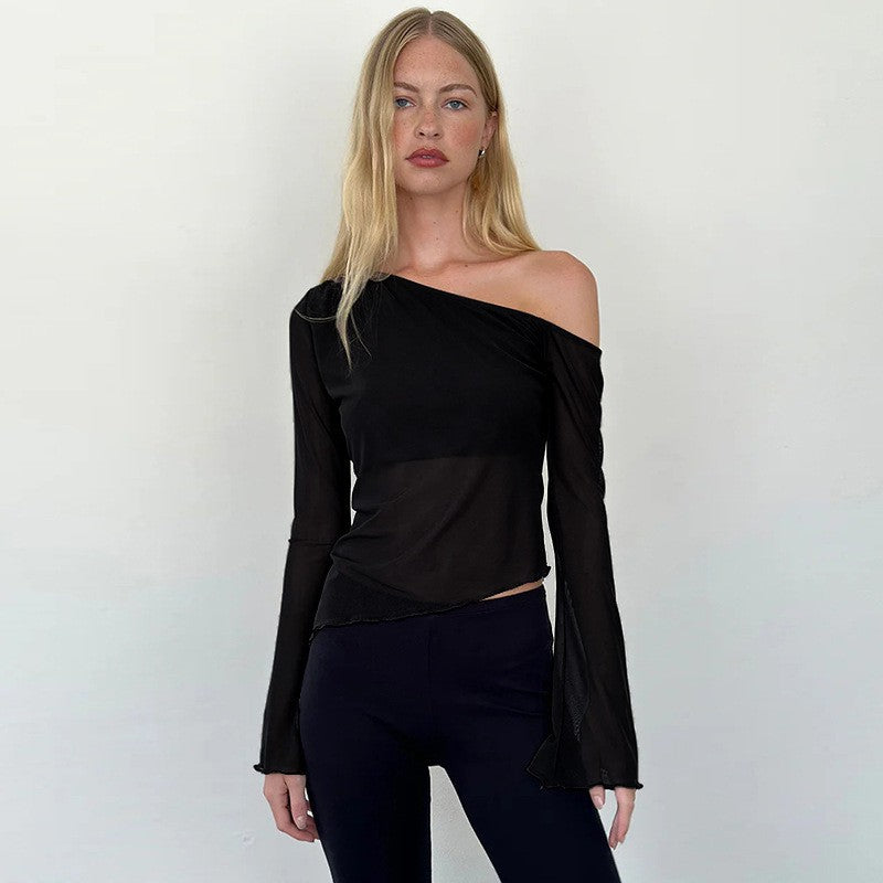 Women's Asymmetrical Long-Sleeve Shirt with Sheer Sleeves