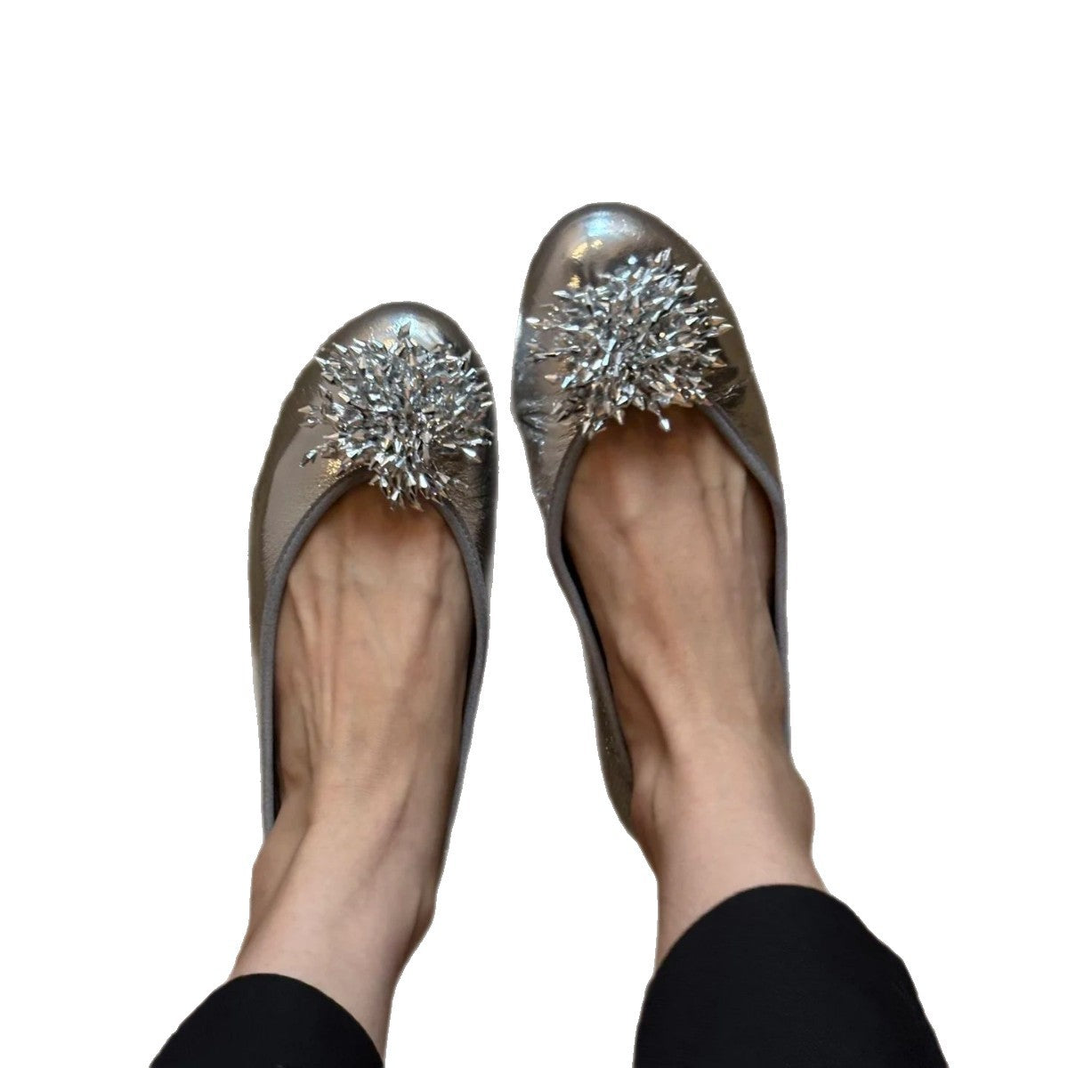 Women's Ballet Flats with Unique Floral Decor and Glossy Finish