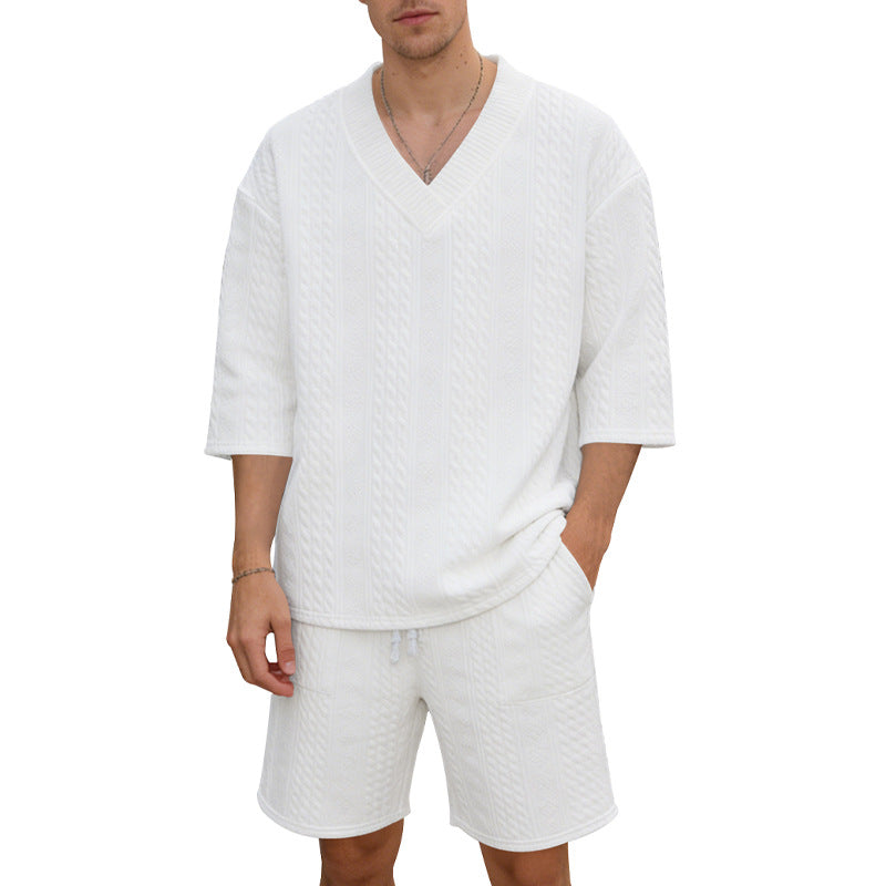 Unisex Casual Lounge Set with V-Neck Top and Drawstring Shorts