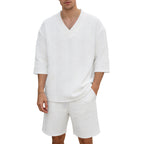 Unisex Casual Lounge Set with V-Neck Top and Drawstring Shorts