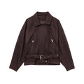 Elegant Suede Jacket with Zippers and Waist Belt