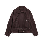 Elegant Suede Jacket with Zippers and Waist Belt