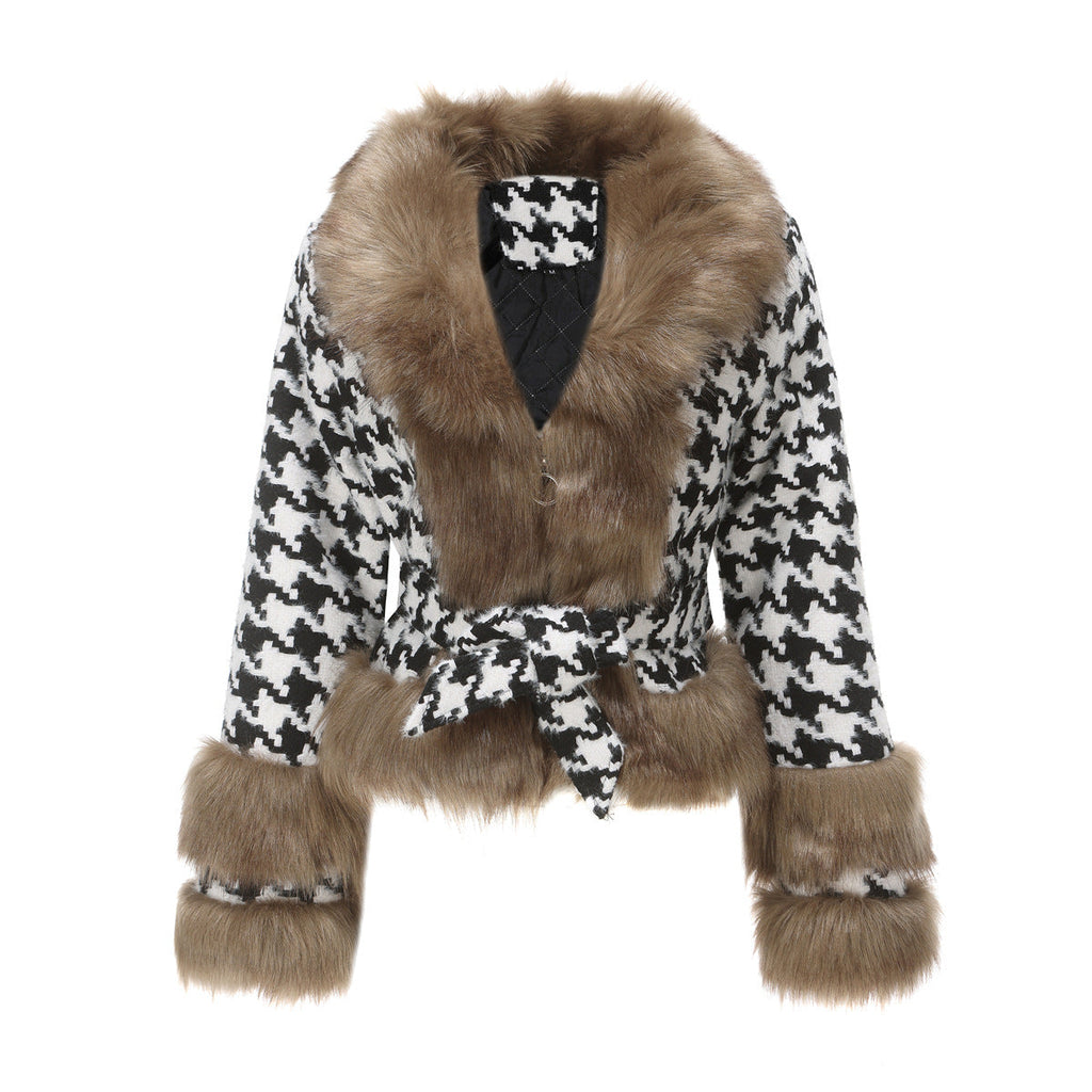 Women's Elegant Transitional Jacket with Faux Fur and Houndstooth