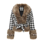 Women's Elegant Transitional Jacket with Faux Fur and Houndstooth
