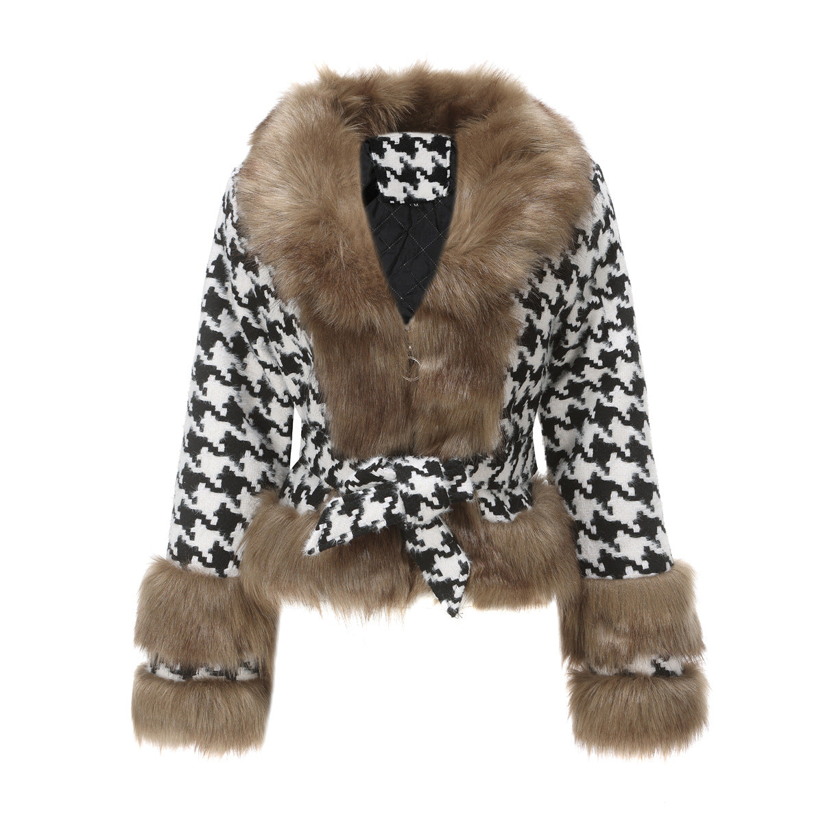 Women's Elegant Transitional Jacket with Faux Fur and Houndstooth