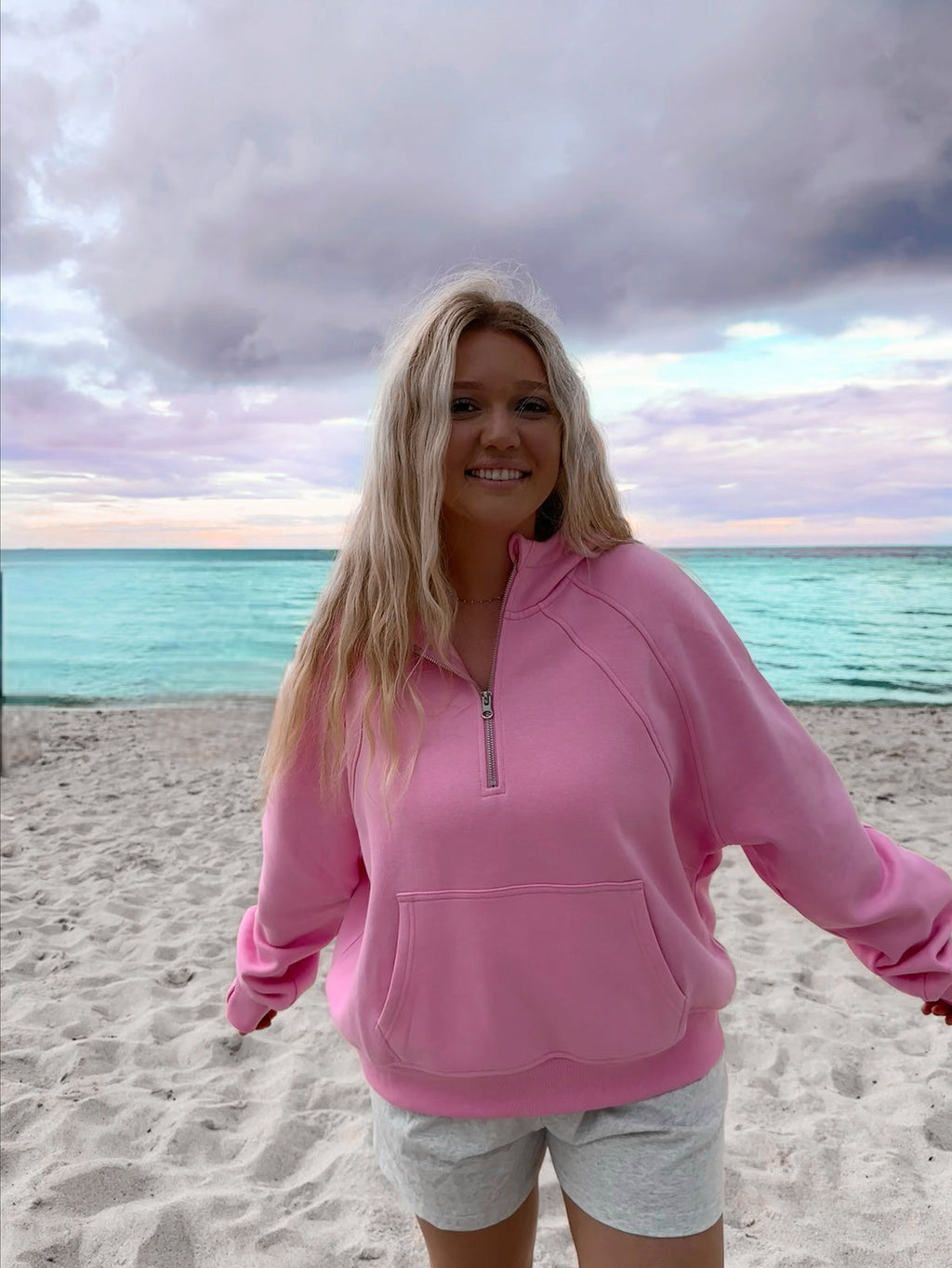 Women's Comfortable Hoodie with Short Zipper and Kangaroo Pocket