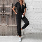 Women's Hooded Jumpsuit with Practical Zipper and Elastic Waist