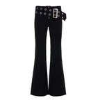 Women's Flared Jeans with Adjustable Belt and Cut-Out Design