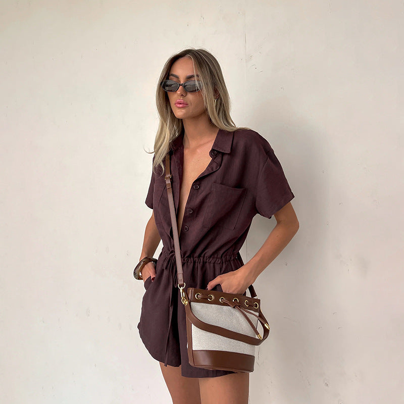 Women's Casual Short-Sleeve Jumpsuit with Waist Detail