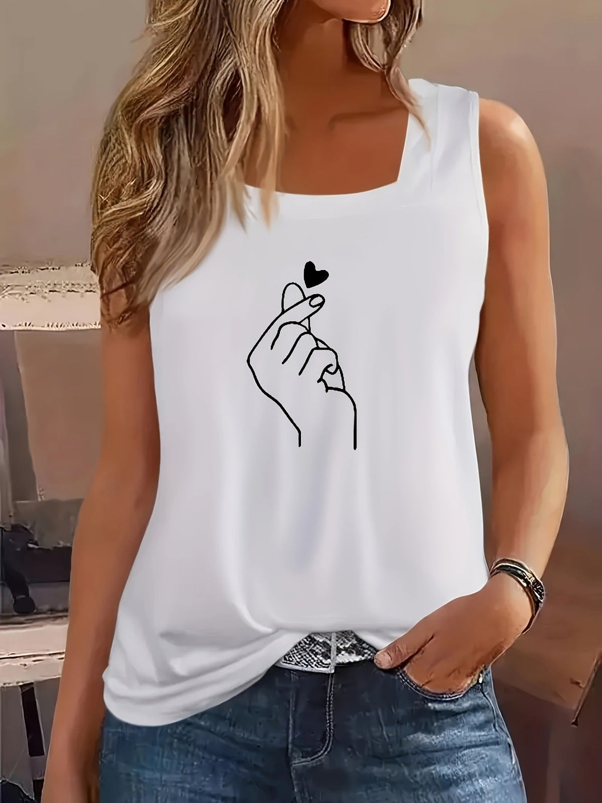 Women's Sleeveless T-Shirt with Creative Hand Design