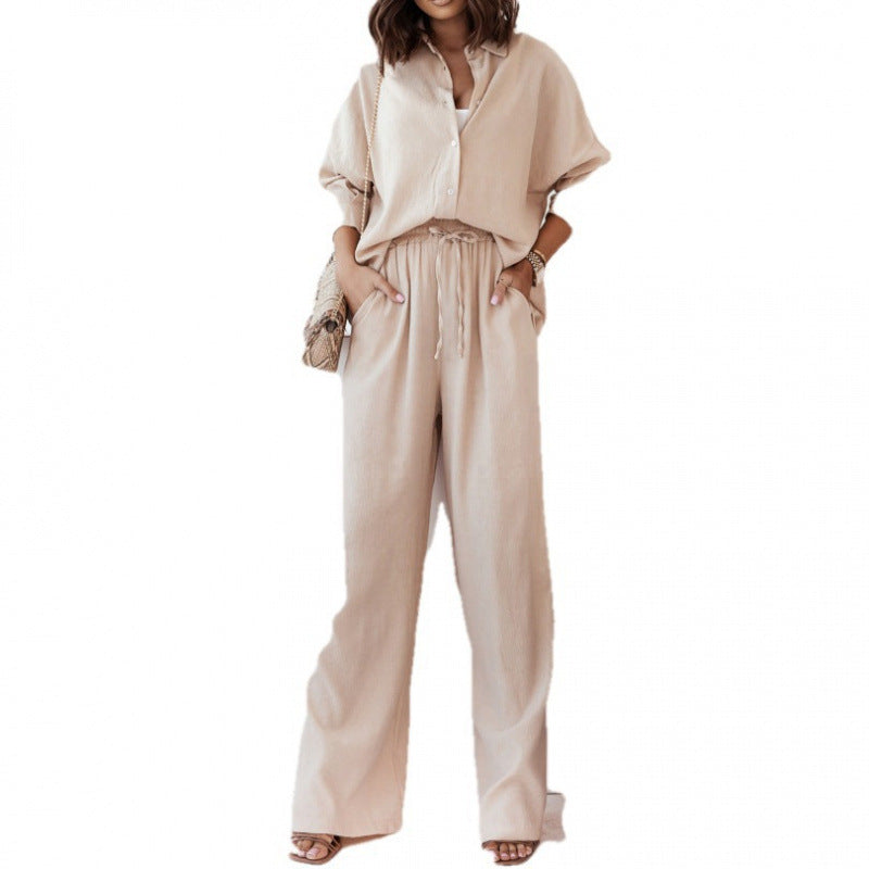 Women's Casual Two-Piece Linen Set with Loose Blouse and Wide-Leg Pants