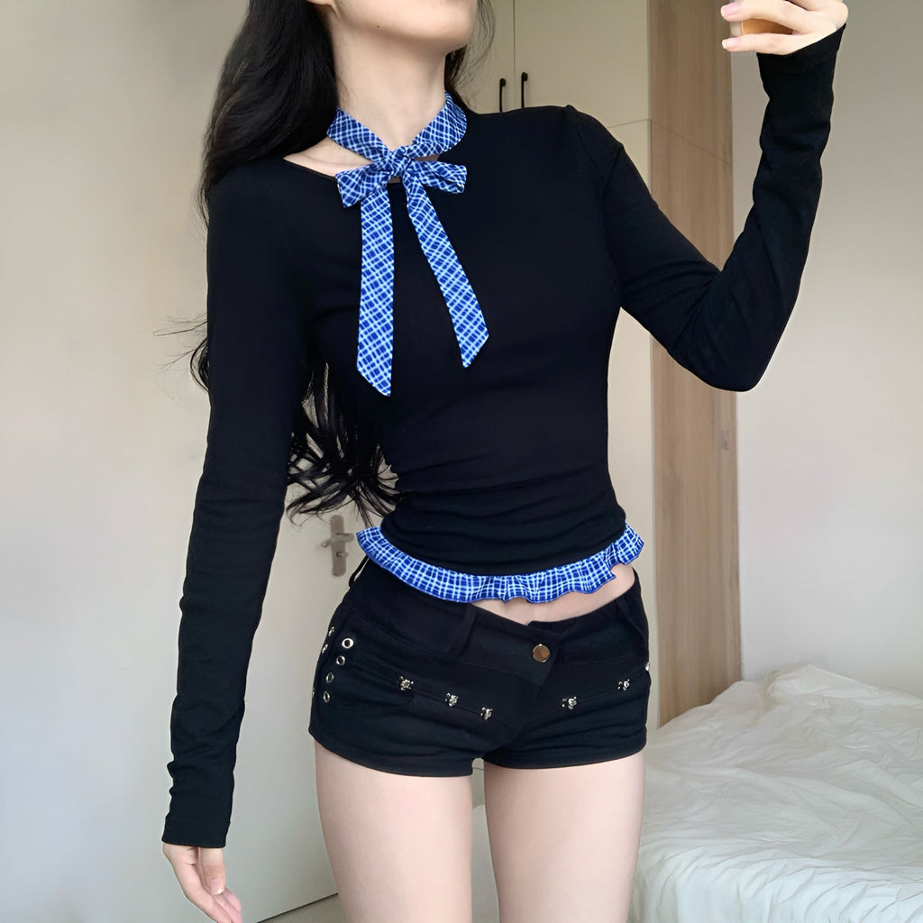 Women's Long-Sleeve Blouse with Plaid Collar and Ruffle Hem