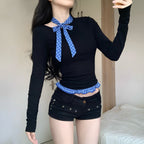 Women's Long-Sleeve Blouse with Plaid Collar and Ruffle Hem