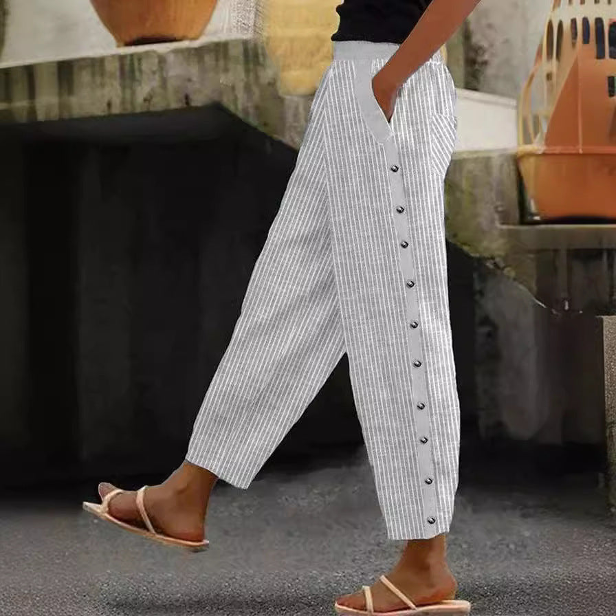 Women's High-Waisted Casual Trousers with Straight Leg and Buttons