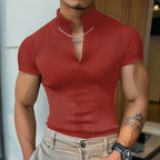 Women's Short-Sleeve Shirt with V-Neck and Textured Ribbed Pattern